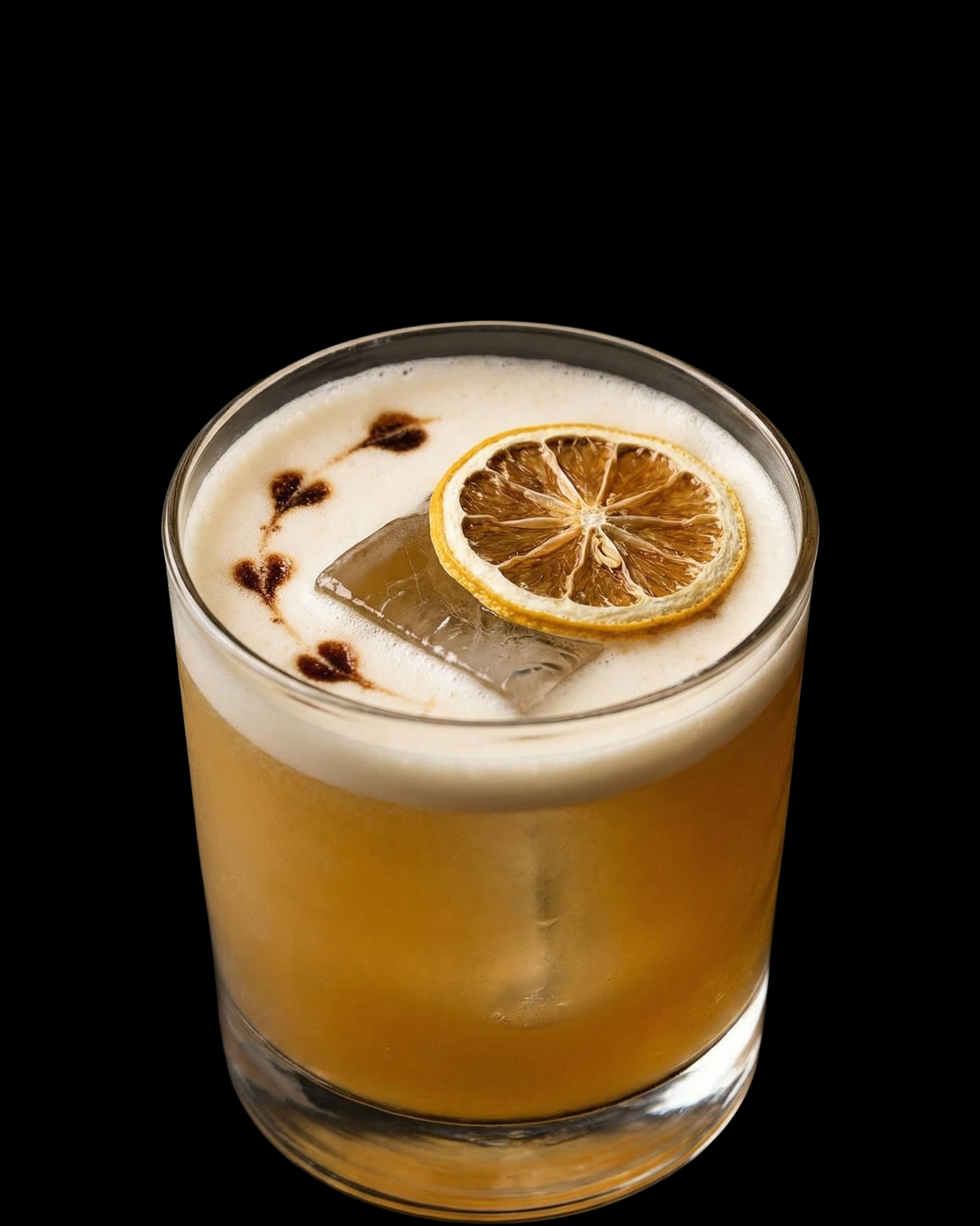 Whiskey sour cocktail with flavor-neutral foam and dried citrus wheel garnish
